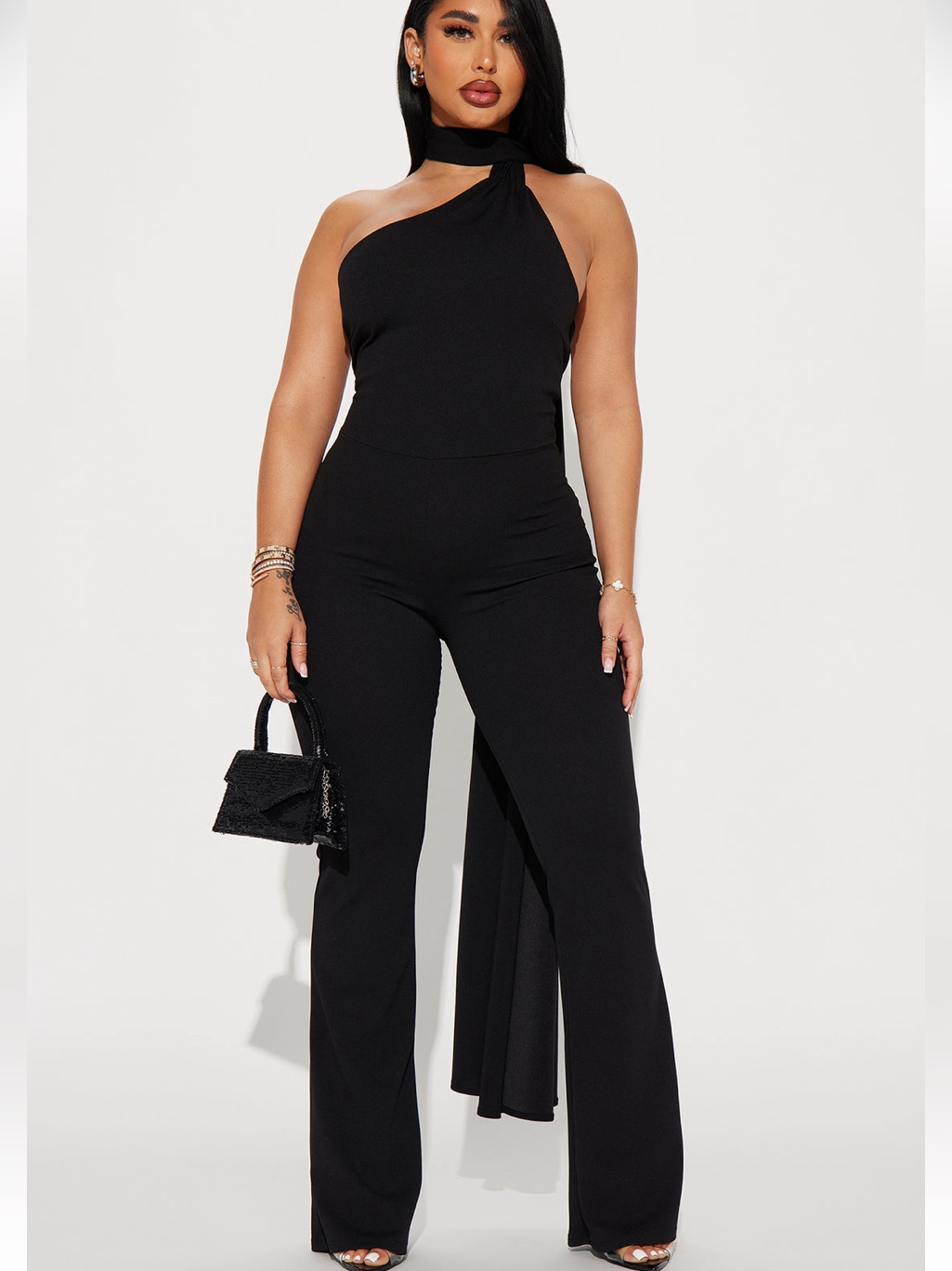 Nwot Fashion Nova Black Halter Jumpsuit With Draped Neck Sash